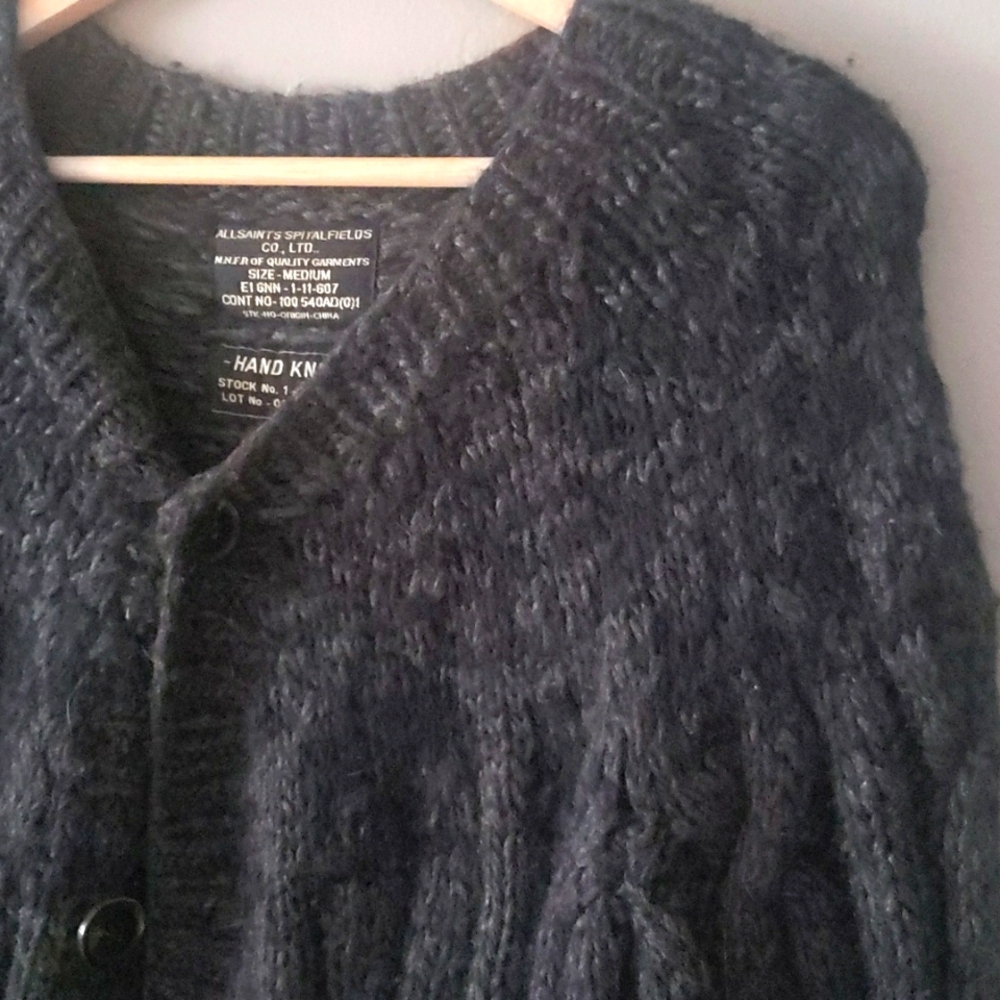 ALLSAINTS Spitalfields Hand Knit Wool Blend Sweater CharcoalGrey Black ButtonDwn - Picture 7 of 17